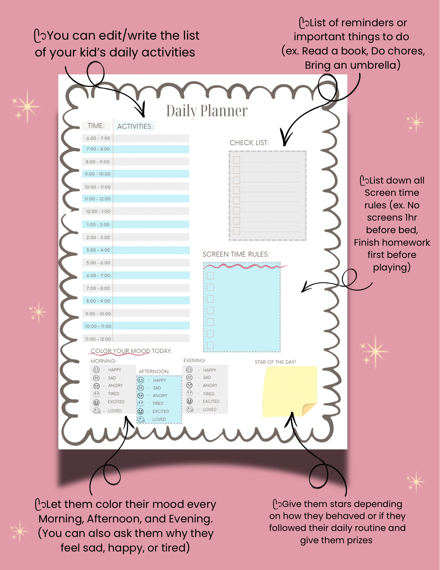 Daily & Weekly Planner for Kids | PDF, Printable, Editable | Includes FREE Stickers (for bundle order)