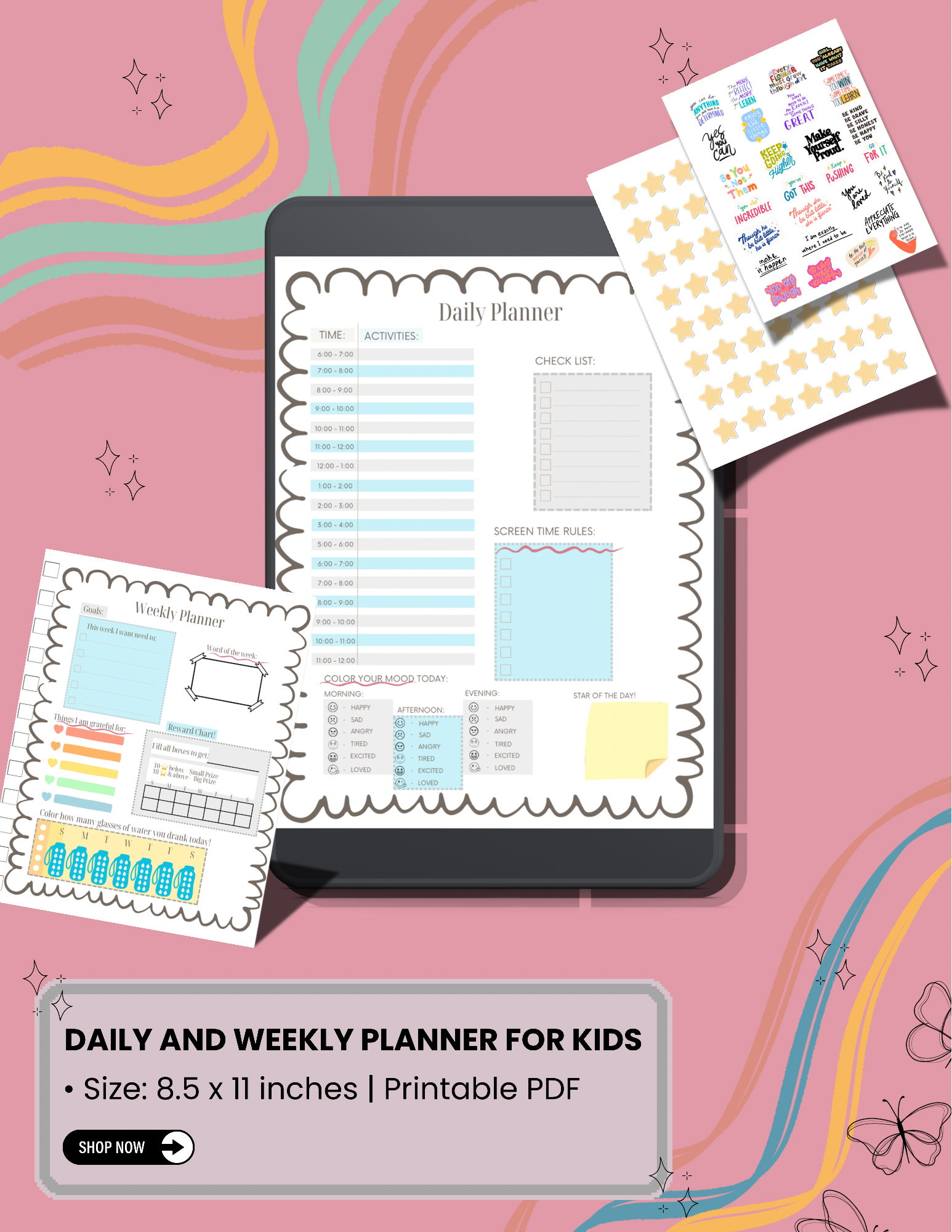 Daily & Weekly Planner for Kids | PDF, Printable, Editable | Includes FREE Stickers (for bundle order)