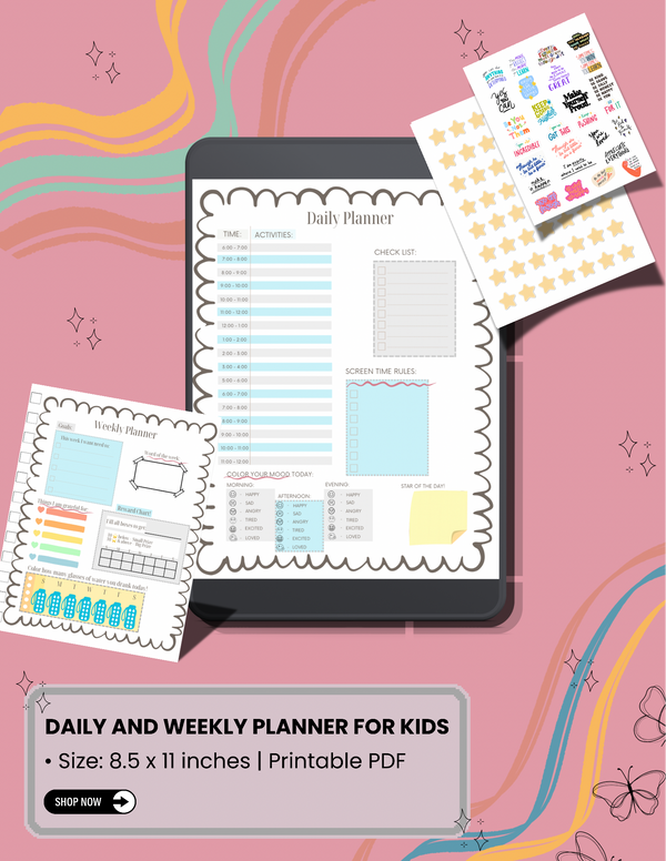Daily & Weekly Planner for Kids | PDF, Printable, Editable | Includes FREE Stickers (for bundle order)